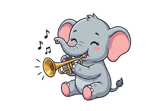 Baby Elephant Playing Trumpet Sticker: Playful Charm for Real Creative Projects