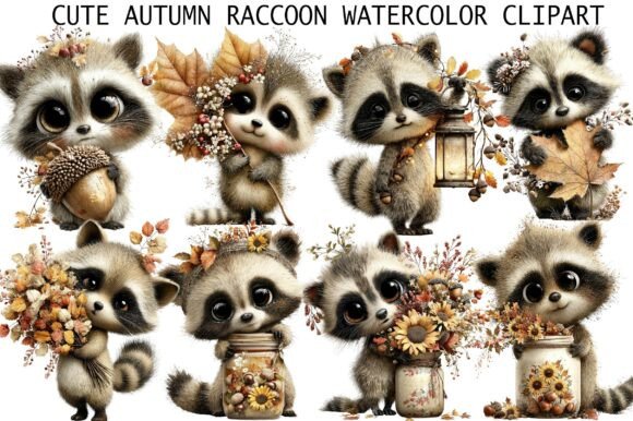 Cute Autumn Raccoon Watercolor Clipart