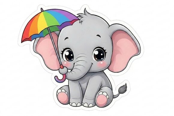 Cute Baby Elephant with Umbrella Sticker