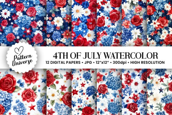 Fourth of July Watercolor Flower Pattern