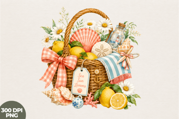 Lemon Basket Coastal Charm PNG