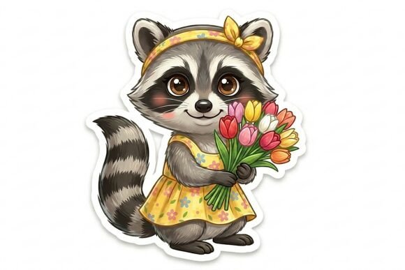 Raccoon with a Bouquet of Spring Tulips: A Versatile Kawaii Digital Sticker for Modern Creatives