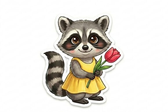 Raccoon with Tulip Sticker PNG