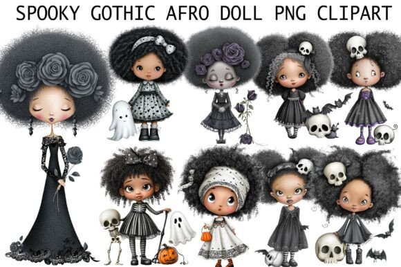 Spooky Gothic Afro Doll PNG Clipart