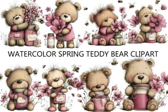 Watercolor Spring Teddy Bear Clipart